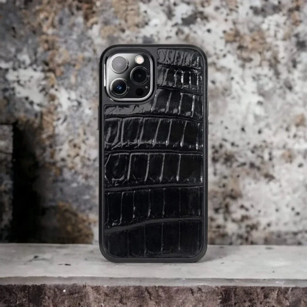 Handcrafted iPhone 12 Pro Max Case - Premium Alligator - Black Shiny